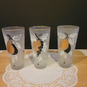 Libbey Frosted Glasses Fruit Black Gold White Vintage Set Of 3